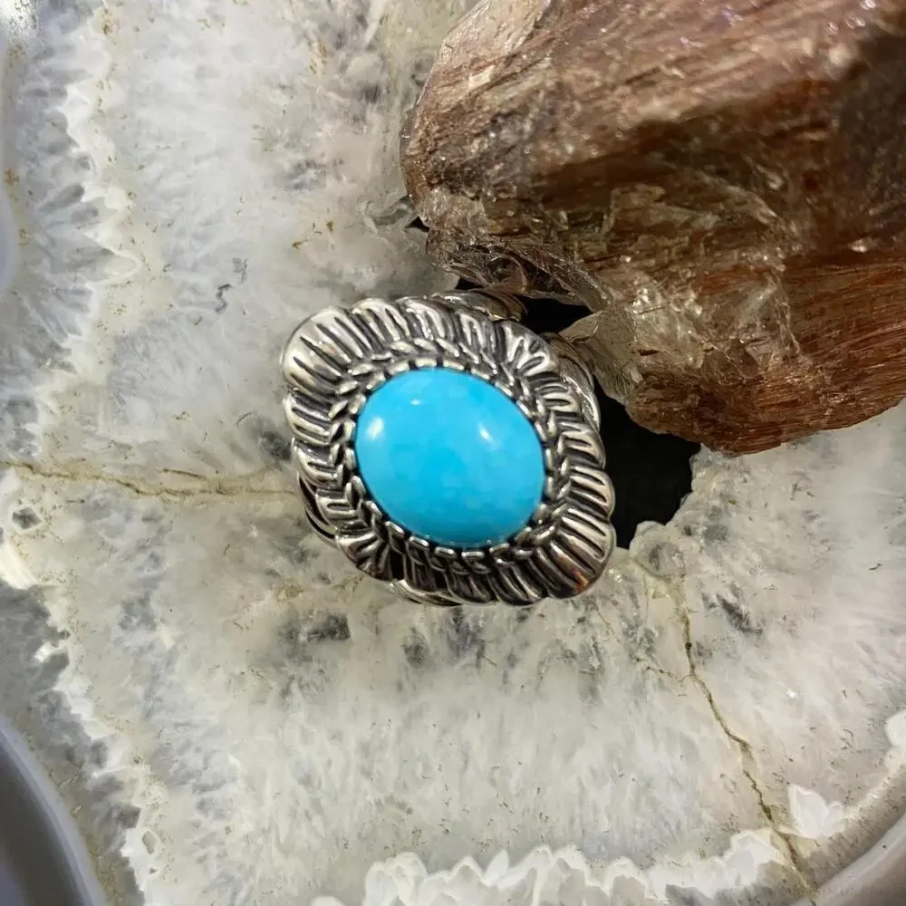 Carolyn Pollack Vintage Sterling Silver Oval Turquoise Decorated Ring For Women